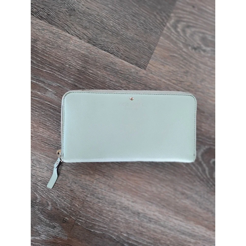 Kate Spade New York Zip Around Wallet Mint Saffiano Leather Polka Dot Zipper #HH